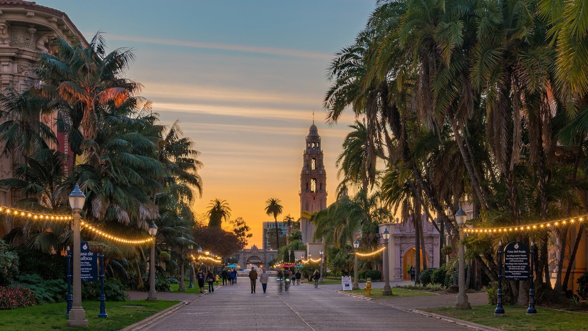 people walking along a park, lights and trees surrounding the pathway